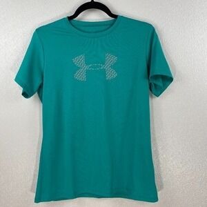 Under Armour HeatGear Run Shirt Womens Medium Teal Green Short Sleeve Big Logo